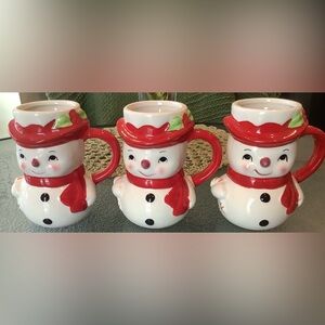 Pottery Barn Snowman Winter Figural Christmas Mugs, Lot of 3